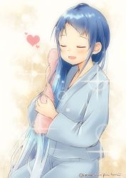 Rule 34 | 1girl, :d, alternate costume, blue hair, blush, closed eyes, collarbone, drying, drying hair, gradient hair, heart, highres, holding, holding towel, kantai collection, long hair, long sleeves, mae (maesanpicture), multicolored hair, open mouth, pajamas, pants, pink towel, revision, samidare (kancolle), sitting, smile, solo, sparkle, swept bangs, towel, twitter username, very long hair