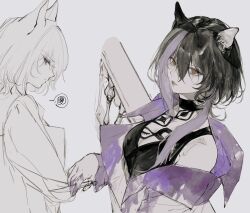 Rule 34 | 1girl, animal ears, annoyed, black dress, black hair, breasts, cat ears, cleavage, closed mouth, dress, from side, grey background, grey hair, grey jacket, hair between eyes, highres, jacket, long hair, looking at viewer, medium breasts, moaomao mo, multicolored hair, multiple views, parted lips, path to nowhere, purple jacket, red eyes, sidelocks, simple background, sleeveless, sleeveless dress, streaked hair, two-tone hair, uni (path to nowhere), upper body
