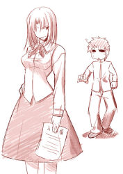 Rule 34 | 00s, 1boy, 1girl, ?, annotated, cowboy shot, emiya shirou, fate/stay night, fate (series), fue (rhomphair), holding, long sleeves, looking at viewer, mitsuzuri ayako, monochrome, paper, parted bangs, pink theme, short hair, simple background, skirt, standing, walking, white background