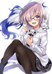 Rule 34 | 1girl, :d, alternate costume, ankle boots, antenna hair, black-framed eyewear, black footwear, black pantyhose, black skirt, blush, boots, casual, coat, commentary request, creature, creature on shoulder, duffel coat, fate/grand order, fate (series), fou (fate), glasses, hair over one eye, hand on own chest, kakao rantan, knees together feet apart, knees up, long sleeves, looking at viewer, mash kyrielight, mash kyrielight (fgo x lawson), miniskirt, official alternate costume, on shoulder, open mouth, pantyhose, pink hair, plaid, plaid skirt, purple eyes, short hair, simple background, sitting, skirt, smile, white background, white coat