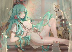 Rule 34 | 1girl, absurdres, ai dongdong, cat, china dress, chinese clothes, cleavage cutout, clothing cutout, dress, flower, green eyes, green hair, hair flower, hair ornament, hatsune miku, hatsune miku (vocaloid4) (chinese), highres, long hair, looking at viewer, lying, on back, shaohua hatsune miku, side cutout, side slit, vocaloid