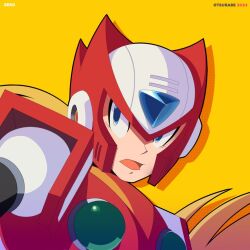 1boy armor blonde_hair chest_jewel en_dorzer forehead_jewel helmet long_hair male_focus mega_man_(series) mega_man_x_(series) red_armor red_helmet simple_background solo twitter_username upper_body yellow_background zero_(mega_man)