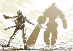 Rule 34 | 1boy, cape, cloud, cloudy sky, dust, fighting stance, gaius (shadow of the colossus), giant, harymachinegun, holding, holding sword, holding weapon, monochrome, muted color, scabbard, shadow of the colossus, sheath, size difference, sky, sparkle, standing, sword, walking, wander (shadow of the colossus), weapon