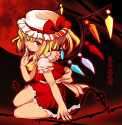 Rule 34 | 1girl, blonde hair, bow, copyright name, dress, female focus, flandre scarlet, frown, hat, kneeling, laevatein, looking at viewer, mob cap, moon, nail polish, pink nails, red eyes, red moon, red skirt, ribbon, sasago kaze, short hair, sitting, skirt, solo, text focus, touhou, translation request, wings