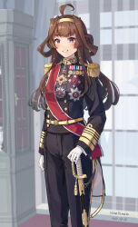 Rule 34 | 1girl, ahoge, artist name, black jacket, black pants, blush, breasts, brown hair, dated, double bun, epaulettes, feet out of frame, gloves, grin, hair bun, hairband, hand on hilt, highres, himeyamato, indoors, jacket, kantai collection, kongou (kancolle), large breasts, long hair, long sleeves, medal, military, military uniform, pants, purple eyes, red sash, sash, scabbard, sheath, sheathed, signature, smile, solo, standing, sword, uniform, weapon, white gloves