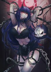 Rule 34 | 1girl, absurdres, akuma nihmune, arms up, artist name, banefury, bra, breasts, chain, cleavage, collar, cowboy shot, demon girl, demon horns, demon tail, fishnets, highres, horn piercing, horns, indie virtual youtuber, large breasts, long hair, looking at viewer, midriff, mole, mole under eye, navel, purple hair, red eyes, shorts, solo, tail, twitter username, underwear, very long hair, virtual youtuber, watermark
