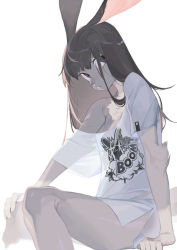 1girl absurdres black_eyes black_hair female_focus furry furry_female grey_hair highres long_hair looking_at_viewer multicolored_hair off-shoulder_shirt off_shoulder original rabbit_ears rabbit_tail see-through_clothes shirt sideways_glance simple_background sitting solo teeth white_background wo_xuyao_jiashui