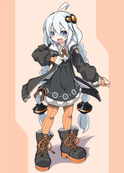 Rule 34 | 1girl, ahoge, black coat, black dress, black footwear, blue eyes, boots, braid, coat, commentary, dress, fingerless gloves, full body, fur-trimmed coat, fur trim, gloves, grey hair, hair ornament, hair tubes, highres, kizuna akari, lace, lace-trimmed dress, lace trim, long hair, looking at viewer, not makigai, open mouth, orange gloves, orange pantyhose, pantyhose, smile, solo, striped clothes, striped pantyhose, twin braids, v-shaped eyebrows, very long hair, voiceroid