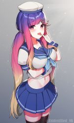 Rule 34 | 1girl, aged up, alternate breast size, black thighhighs, blue neckerchief, blue skirt, blush, breasts, gloves, gradient hair, grey background, hair ornament, hat, highres, kantai collection, large breasts, long hair, looking at viewer, midriff, multicolored hair, navel, neckerchief, open mouth, pleated skirt, purple hair, sailor collar, sailor hat, school uniform, serafuku, shirt, short sleeves, sidelocks, skirt, smile, solo, thighhighs, tsushima (kancolle), twintails, unidentified nk, very long hair, white gloves, white hat, white shirt