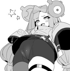 Rule 34 | 1girl, blush stickers, cameltoe, cleft of venus, creatures (company), fat mons, flamberge lo, from below, game freak, greyscale, iono (pokemon), jacket, long hair, looking at viewer, looking down, monochrome, nintendo, open mouth, pokemon, pokemon sv, sharp teeth, simple background, sleeves past fingers, sleeves past wrists, solo, teeth, thigh strap, twintails, very long hair, white background