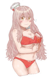 Rule 34 | 1girl, az toride, bare shoulders, blush, bra, breasts, brown eyes, cleavage, cowboy shot, cropped legs, cup, grey hair, hat, highres, holding, holding cup, kantai collection, large breasts, long hair, midriff, mini hat, navel, panties, pola (kancolle), red bra, red panties, simple background, solo, underwear, underwear only, wavy hair, white background