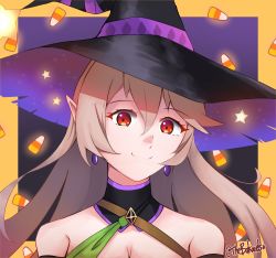 Rule 34 | 1girl, absurdres, bakaretsu, bare shoulders, breasts, candy corn, cleavage, corrin (female) (fire emblem), corrin (fire emblem), earrings, fire emblem, fire emblem fates, fire emblem heroes, halloween, halloween costume, hat, highres, jewelry, long hair, looking at viewer, nintendo, pointy ears, portrait, red eyes, smile, witch hat