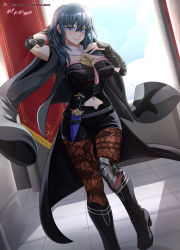 Rule 34 | 1girl, absurdres, arm up, artist name, black cape, blue eyes, blue hair, boots, breasts, brown pantyhose, byleth (female) (fire emblem), byleth (fire emblem), cape, cleavage cutout, closed mouth, clothing cutout, dagger, fire emblem, fire emblem: three houses, full body, hair between eyes, high heel boots, high heels, highres, knife, lace, lace-trimmed legwear, lace trim, large breasts, medium hair, navel, navel cutout, nintendo, pantyhose, pantyhose under shorts, sheath, sheathed, short shorts, shorts, solo, vilde loh hocen, watermark, weapon, web address