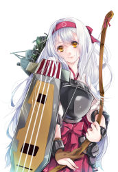 Rule 34 | 10s, 1girl, archery, blush, bow (weapon), brown eyes, flight deck, gloves, hairband, hisapanda, japanese clothes, kantai collection, kyuudou, long hair, muneate, partially fingerless gloves, partly fingerless gloves, personification, ribbon, shoukaku (kancolle), single glove, skirt, smile, solo, weapon, white hair, yugake