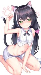 Rule 34 | 1girl, absurdres, animal ear fluff, animal ears, arm support, arm up, bad id, bad pixiv id, bare arms, bare legs, bare shoulders, black hair, blush, bow, breasts, cat ears, cat girl, cat tail, closed mouth, commentary request, cowboy shot, crop top, green eyes, hair bow, highres, karyl (princess connect!), kneeling, leaning forward, long hair, low twintails, mannack, multicolored hair, navel, paw pose, paw print, paw print background, pink bow, princess connect!, short shorts, shorts, simple background, sleeveless, small breasts, smile, solo, stomach, streaked hair, tail, twintails, very long hair, white background, white hair, white shorts