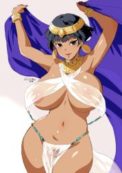 Rule 34 | 1girl, anklet, bare shoulders, barefoot, black eyes, black hair, blue nails, blush, bracelet, breasts, brown eyes, cape, cleavage, cleft of venus, covered erect nipples, dark-skinned female, dark skin, earrings, egyptian clothes, female pubic hair, highres, holding, holding cape, holding clothes, jewelry, large breasts, lips, long hair, looking at viewer, nail polish, navel, nefertari (tsukudani), nipples, open mouth, original, pelvic curtain, pubic hair, pussy, revealing clothes, see-through, short hair, simple background, sleeveless, solo, standing, upper body, white background, yajiro masaru