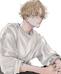 Rule 34 | 1boy, bandages, black pants, blonde hair, blue eyes, closed mouth, cowboy shot, en (e898n), highres, inui seishu, long sleeves, looking away, male focus, pants, short hair, simple background, sitting, solo, sweater, tokyo revengers, white background, white sweater
