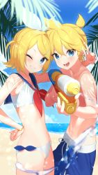 Rule 34 | 1boy, 1girl, absurdres, aiming, aiming at viewer, arm around shoulder, beach, bikini, blonde hair, blue eyes, blue male swimwear, blue swim trunks, brother and sister, drawstring, from side, hand on own hip, highres, kagamine len, kagamine rin, lens flare, looking at viewer, looking to the side, male swimwear, mono (mono zzz), navel, one eye closed, open mouth, outdoors, siblings, smile, summer, swim trunks, swimsuit, twins, v, vocaloid, water, water gun, white bikini