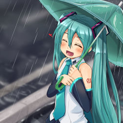 Rule 34 | 1girl, :d, ^ ^, aqua hair, aqua necktie, bare shoulders, blush, closed eyes, detached sleeves, closed eyes, fang, happy, hatsune miku, heart, highres, holding, holding umbrella, kitsunerider, long hair, necktie, open mouth, outdoors, rain, smile, solo, twintails, umbrella, upper body, very long hair, vocaloid, wing collar