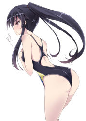 Rule 34 | 10s, 1girl, ass, black hair, blush, check translation, competition swimsuit, kantai collection, long hair, mutou kurihito, one-piece swimsuit, personification, ponytail, red eyes, simple background, solo, swimsuit, translated, translation request, white background, yahagi (kancolle)