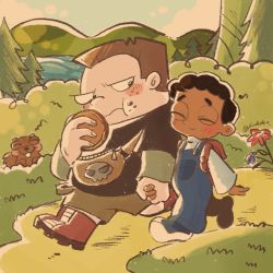 Rule 34 | 2boys, artist request, baljeet tjinder, buford van stomm, bush, eating, flower, forest, highres, multiple boys, nature, overalls, phineas and ferb, walking