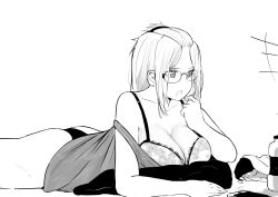 Rule 34 | 1girl, bag, bangs pinned back, bottle, bra strap, breast press, breasts, cellphone, cleavage, eating, glasses, highres, inne sulistya robin, large breasts, long hair, lying, monochrome, norman maggot, on stomach, original, panties, phone, pillow, simple background, smartphone, snack, solo, strap slip, tank top, teacher, underwear, white background