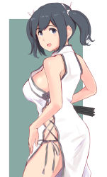 Rule 34 | 1girl, alternate costume, black hair, blue eyes, breasts, china dress, chinese clothes, folded fan, cowboy shot, dress, folding fan, from behind, hand fan, highres, kantai collection, large breasts, long hair, looking at viewer, side-tie dress, solo, souryuu (kancolle), two-tone background, wa (genryusui), white dress