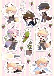 ... 1boy absurdres animal_ears atou_haruki bag black_jacket black_pants blanket blonde_hair blush brown_bag brown_footwear brown_hair brown_sweater cat_ears cat_tail chibi chibi_only chinese_commentary closed_eyes closed_mouth cold_pack commentary_request cup fever flashlight food fox_boy fox_ears fruit grapes grey_pants highres holding holding_paper invisible_chair jacket kemonomimi_mode lying male_focus medium_hair mug multiple_views nev-04 nose_bubble on_stomach open_clothes open_jacket open_mouth outline pants paper pink_hair plant reaching reaching_towards_viewer red_eyes ribbed_sweater saibou_shinkyoku short_hair shoulder_bag sitting smile speech_bubble spoilers spoken_ellipsis steam striped_background sweater tail trembling turtleneck turtleneck_sweater two-tone_background vines white_footwear white_outline