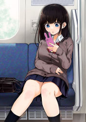 Rule 34 | 1girl, :o, bag, black hair, black skirt, black socks, blue eyes, breasts, brown cardigan, cardigan, cellphone, collared shirt, commentary request, dress shirt, feet out of frame, gakaku pr, holding, holding phone, knees together feet apart, long hair, long sleeves, looking away, looking down, medium breasts, original, parted lips, phone, phone with ears, pleated skirt, school bag, school uniform, shirt, sitting, skirt, sleeves past wrists, socks, solo, train interior, white shirt