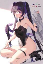 Rule 34 | 1girl, bandaid, bandaid on leg, cat tail, collar, highres, no panties, on one knee, original, purple hair, rosuuri, tail, thigh strap, tongue, tongue out, twintails
