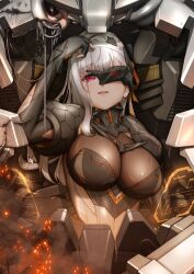 Rule 34 | 1girl, arm up, armor, armored gloves, bandaged head, bandages, black gloves, bodystocking, breasts, cleavage, commentary request, crying, crying with eyes open, fingerless gloves, gloves, goddess of victory: nikke, grey hair, hair ribbon, highres, hiraken, large breasts, long hair, looking at viewer, mecha, mechanical parts, modernia (nikke), open mouth, red eyes, ribbon, robot, sad smile, see-through, see-through cleavage, shoulder armor, sidelocks, solo, tears, upper body, yellow ribbon