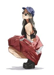 Rule 34 | 1girl, absurdres, bare shoulders, baseball cap, black camisole, black footwear, black hair, blue hat, boots, brown eyes, camisole, commentary, english commentary, fishnets, from side, full body, hair over shoulder, hat, highres, jacket, long hair, looking at viewer, midriff peek, off-shoulder jacket, off shoulder, original, parted lips, platform footwear, red jacket, round eyewear, shadow, simple background, solo, spaghetti strap, squatting, strap slip, sunglasses, tbocart, tinted eyewear, white background