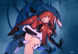 Rule 34 | 1girl, artist name, bodysuit, grabbing, grabbing from behind, grin, legs apart, mass production eva, moaning, monster, neon genesis evangelion, optionaltypo, plugsuit, red bodysuit, sex, sex from behind, smile, souryuu asuka langley, two side up, vaginal, wide hips