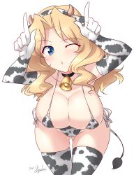Rule 34 | 1girl, animal ears, animal print, artist name, bell, bikini, blonde hair, blue eyes, blush, breasts, chinese zodiac, cleavage, collar, collarbone, cow ears, cow girl, cow horns, cow print, cow print bikini, cow tail, dated, elbow gloves, fake animal ears, fake horns, fake tail, girls und panzer, gloves, groin, highres, horns, horns pose, kay (girls und panzer), kuzuryuu kennosuke, large breasts, looking at viewer, micro bikini, neck bell, one eye closed, open mouth, print bikini, shiny skin, simple background, solo, swimsuit, tail, thighhighs, white background, year of the ox