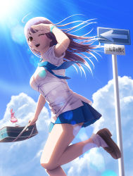 Rule 34 | 1girl, :d, ahoge, bag, blue necktie, blush, brown eyes, brown hair, cloud, day, highres, charm (object), lens flare, loafers, looking at viewer, mankappa, necktie, one eye closed, open mouth, original, pleated skirt, school bag, school uniform, shoes, sign, skirt, sky, smile, socks, solo, sunlight, watch, white socks, wink