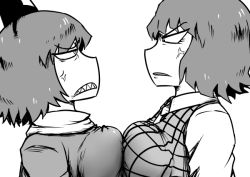Rule 34 | 2girls, anger vein, breast contest, breast press, breasts, collared shirt, commentary request, eye contact, face-to-face, greyscale, hat, kazami yuuka, long sleeves, looking at another, monochrome, multiple girls, nicetack, plaid, plaid vest, sharp teeth, shirt, short hair, simple background, soga no tojiko, stare down, symmetrical docking, tate eboshi, teeth, touhou, vest