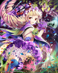 Rule 34 | 1girl, bare shoulders, blonde hair, bow, braid, capelet, detached sleeves, dress, drill hair, floating hair, forest, gem, gloves, hair ornament, high heels, instrument, long hair, looking at viewer, looking back, musical note, nature, open mouth, original, outdoors, parted lips, pearl (gemstone), plant, polka dot, polka dot bow, puffy short sleeves, puffy sleeves, purple dress, purple gloves, red eyes, short sleeves, single braid, skull, skull hair ornament, solo, standing, standing on one leg, tareme, thighhighs, tin (wsp85205), trumpet, very long hair, wind, zettai ryouiki
