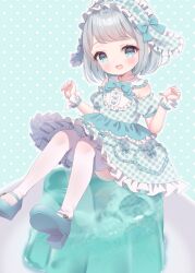 Rule 34 | 1girl, :d, bare shoulders, blue background, blue bow, blue dress, blue eyes, blue footwear, blush, bow, chitosezaka suzu, commentary, dress, english commentary, frilled dress, frilled hairband, frills, gelatin, grey hair, hairband, hands up, high heels, highres, looking at viewer, off-shoulder dress, off shoulder, open mouth, original, plaid, plaid dress, plaid hairband, polka dot, polka dot background, puffy short sleeves, puffy sleeves, ribbon-trimmed hairband, shoe soles, short sleeves, sitting, smile, soles, solo, thighhighs, white thighhighs, wrist cuffs