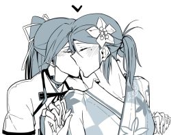 Rule 34 | 10s, 2girls, amagi (kancolle), asakawa (outeq), blush, breasts, camouflage, collarbone, commentary request, closed eyes, fingerless gloves, flower, furisode, gloves, greyscale, hair between eyes, hair flower, hair ornament, hair ribbon, holding hands, interlocked fingers, japanese clothes, kantai collection, katsuragi (kancolle), kimono, kiss, large breasts, long hair, mole, mole under eye, monochrome, multiple girls, ponytail, remodel (kantai collection), ribbon, short sleeves, small breasts, upper body, yuri