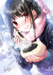 Rule 34 | 1girl, anpan, black hair, blurry, blush, bread, depth of field, food, food on face, highres, kazuharu kina, long hair, long sleeves, looking at viewer, original, red eyes, scarf, school uniform, signature, solo, upper body, winter clothes