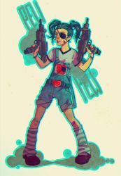 Rule 34 | 1girl, blue hair, eyepatch, gun, personification, sch g, simple background, solo, striped legwear, the transformers (idw), transformers, twintails, weapon, whirl (transformers)