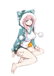 Rule 34 | 1girl, bare legs, barefoot, blue eyes, blush, breasts, jon tw, large breasts, long hair, looking at viewer, nitroplus, pink hair, pom pom (clothes), smile, solo, super sonico