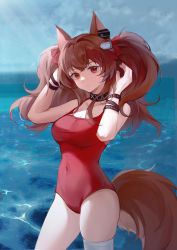 Rule 34 | 1girl, absurdres, angelina (arknights), angelina (summer flower) (arknights), animal ears, arknights, bare shoulders, bracelet, breasts, brown eyes, brown hair, chinese commentary, cleavage, closed mouth, commentary, covered navel, cowboy shot, day, fox ears, hair ribbon, hands up, highres, ibbca, incoming hug, infection monitor (arknights), jewelry, long hair, looking at viewer, medium breasts, ocean, official alternate costume, one-piece swimsuit, outdoors, red one-piece swimsuit, red ribbon, ribbon, solo, spaghetti strap, standing, swimsuit, twintails