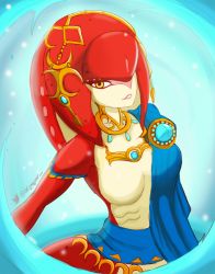 Rule 34 | 1girl, jellcaps, looking at viewer, mipha, monster girl, no nipples, one breast out, smile, solo, the legend of zelda, the legend of zelda: breath of the wild