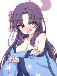 Rule 34 | 1girl, absurdres, blue archive, blush, breasts, cleavage, collarbone, commentary request, fang, flower, flying sweatdrops, hair flower, hair ornament, halo, haori, highres, japanese clothes, long hair, long sleeves, mangyu0111, medium breasts, open mouth, partial commentary, pink flower, purple eyes, purple hair, purple halo, simple background, solo, upper body, white background, wide sleeves, yukari (blue archive)