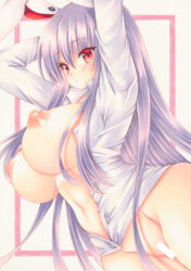 Rule 34 | 1girl, animal ears, arms behind back, bad anatomy, bar censor, blush, bottomless, breasts, censored, closed mouth, commentary, huge breasts, long hair, long sleeves, looking at viewer, marker (medium), navel, nipples, open clothes, open shirt, purple hair, rabbit ears, rabbit girl, red eyes, reisen udongein inaba, satsuki (gogotaru), shirt, solo, touhou, traditional media, white background, white shirt
