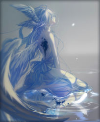 Rule 34 | 1girl, bad id, bad pixiv id, bare back, bare shoulders, blood, blood splatter, border, closed eyes, closed mouth, dress, feathered wings, feathers, glowing, glowing feather, head wings, injury, long hair, multiple wings, original, pale skin, reflection, ripples, saeldam, single wing, sitting, sitting on water, solo, strapless, strapless dress, very long hair, wariza, white dress, white hair, white wings, wings