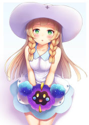 Rule 34 | 1girl, :o, bare arms, bare shoulders, blunt bangs, blush, braid, breasts, collarbone, cosmog, covering crotch, covering privates, cowboy shot, creatures (company), cropped legs, dress, game freak, gen 7 pokemon, green eyes, hat, highres, legendary pokemon, lillie (pokemon), long hair, looking at viewer, medium breasts, nintendo, open mouth, pokemon, pokemon (creature), pokemon sm, simple background, skirt, sleeveless, sleeveless dress, sun hat, twin braids, white background, white dress, white hat, yuki usagi (snowcanvas)