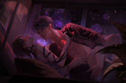 1boy 1girl arched_back arm_around_waist black_dress black_footwear blurry blurry_foreground breasts brown_hair chest_markings closed_eyes couple dress hetero highres indoors lamp long_hair looking_at_another love_and_deepspace medium_breasts open_clothes open_shirt protagonist_(love_and_deepspace) purple_hair rafayel_(love_and_deepspace) rakoifish short_dress short_hair