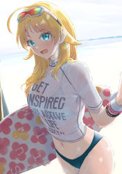 1girl :d beach bikini bikini_under_clothes blonde_hair blue_bikini blue_eyes blush breasts clothes_writing cowboy_shot day english_text eyewear_on_head hachimiya_meguru highres idolmaster idolmaster_shiny_colors large_breasts long_hair looking_at_viewer multicolor-tinted_eyewear navel open_mouth outdoors rainbow-tinted_eyewear see-through_clothes shirt smile solo sunlight surfboard swimsuit tinted_eyewear umirororo wet wet_clothes wet_shirt white-framed_eyewear white_shirt wristband